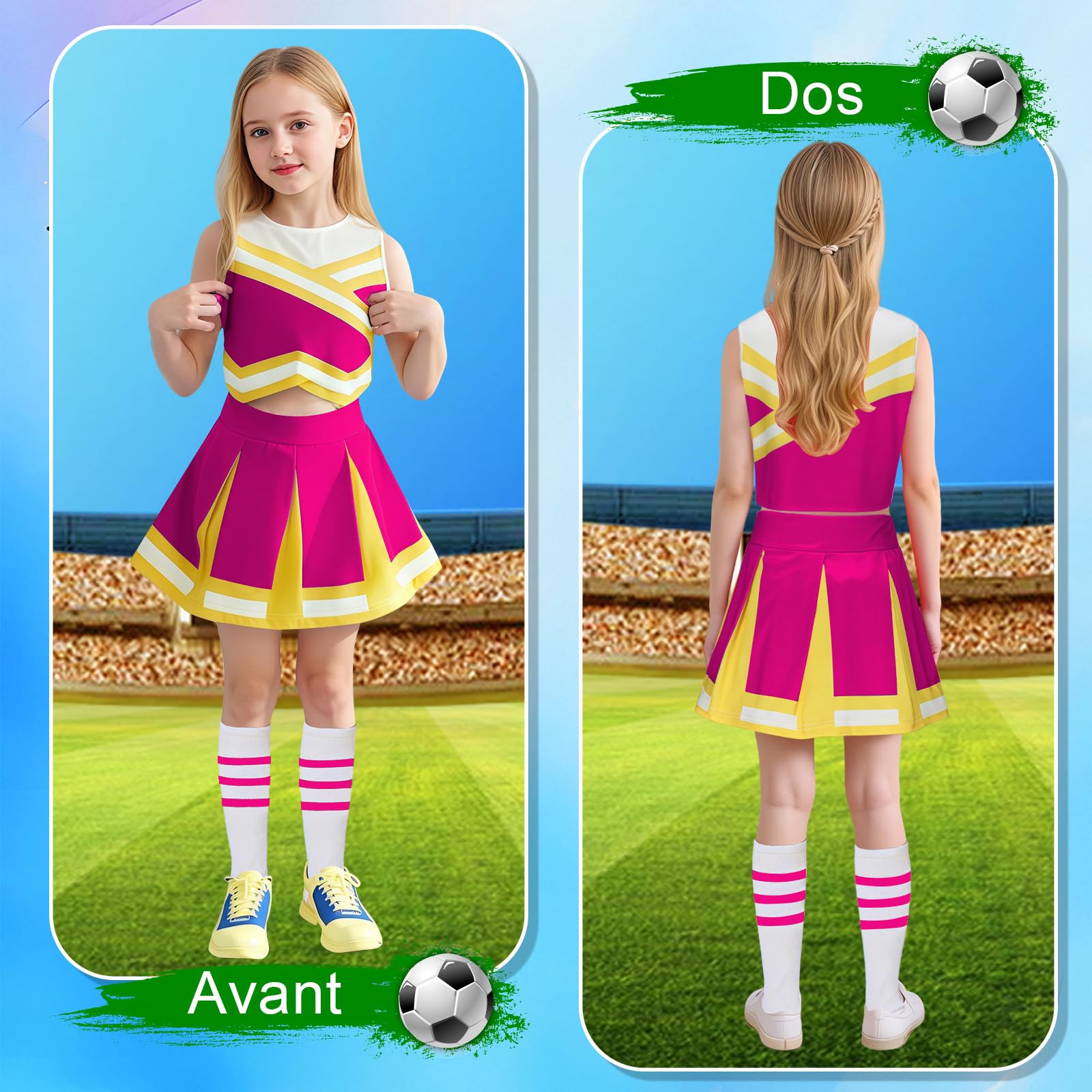 Luckyou Deguisement Pompom Girl Deguisement Cheerleader Fille Uniforme pour Girl Fille Enfant avec Perruques Brillant Pompoms et Nœud pour Carnaval Halloween - 3