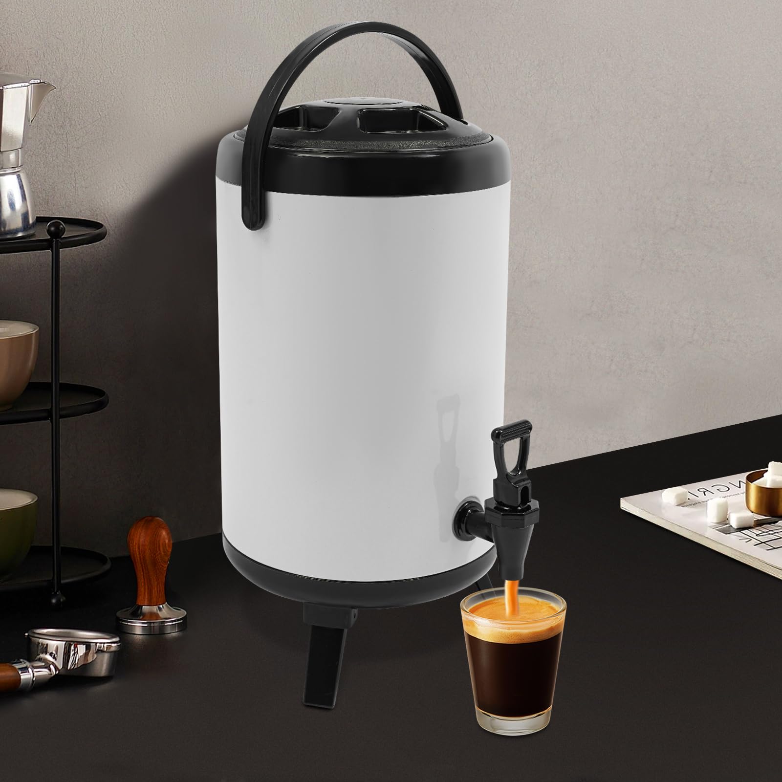 Termo de 10 litros con boquilla – Dispensador de bebidas aislado para bebidas calientes y frías (blanco) – Jarra de acero inoxidable con doble aislamiento – ideal para limonada, té helado y café