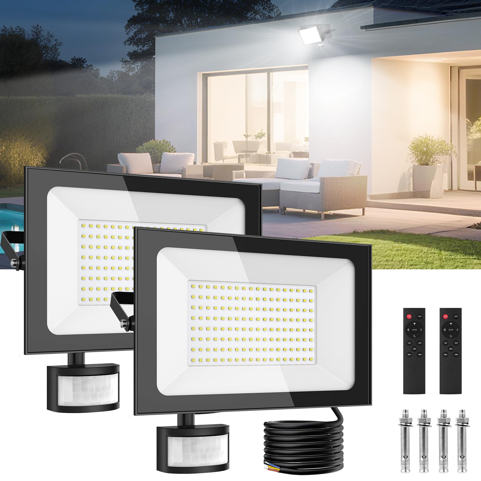 Sararoom LED Strahler mit Bewegungsmelder Außen, 150W 15000LM Led Fluter Flutlicht - 2er 6500K Scheinwerfer Fernbedienung, IP65 Wasserdicht Aussenstrahler Sicherheitsleuchte für Garten Garage Hof Wand