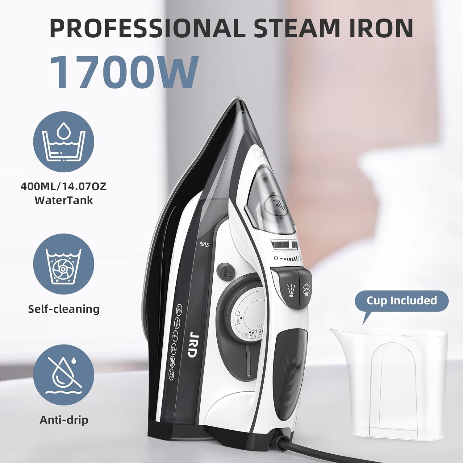 JRD Steam Iron for Clothes 20s Fast Heat-up,1700W Iron with 14.07oz Large Water Tank,Non-Stick Ceramic Soleplate, Burst Steam, Self-Cleaning, Anti-Drip, Auto-Off, Ironing Clothes for Home