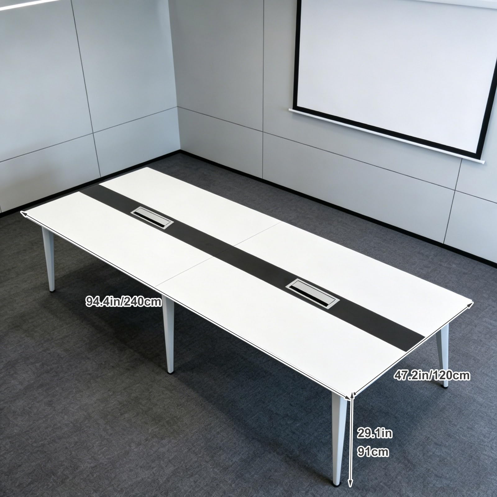 Tavolo Riunioni 240 cm per 8-10 Persone, Grande Tavolo Conferenze Rettangolare con Struttura in Metallo, Tavolo Ufficio con Passacavi per Sala Riunioni White