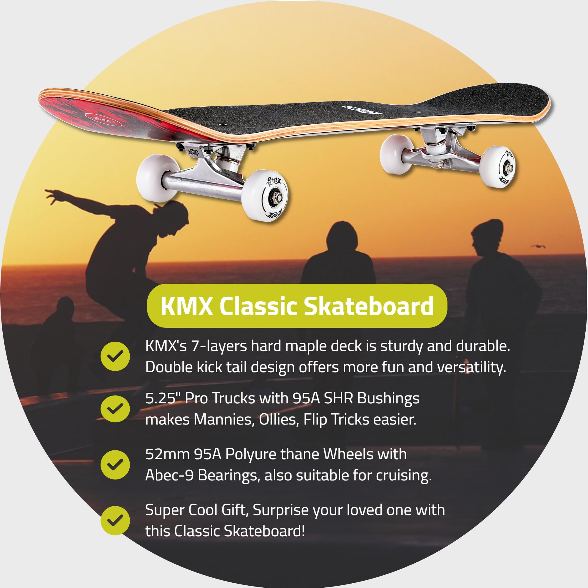 KMX Skateboard pour Débutants, Plateau Concave à Double Queue en Érable Canadien 7 Couches | Trucks en Alliage d'Alu | Skateboard Débutant pour Garçons, Filles, Adultes et Enfants