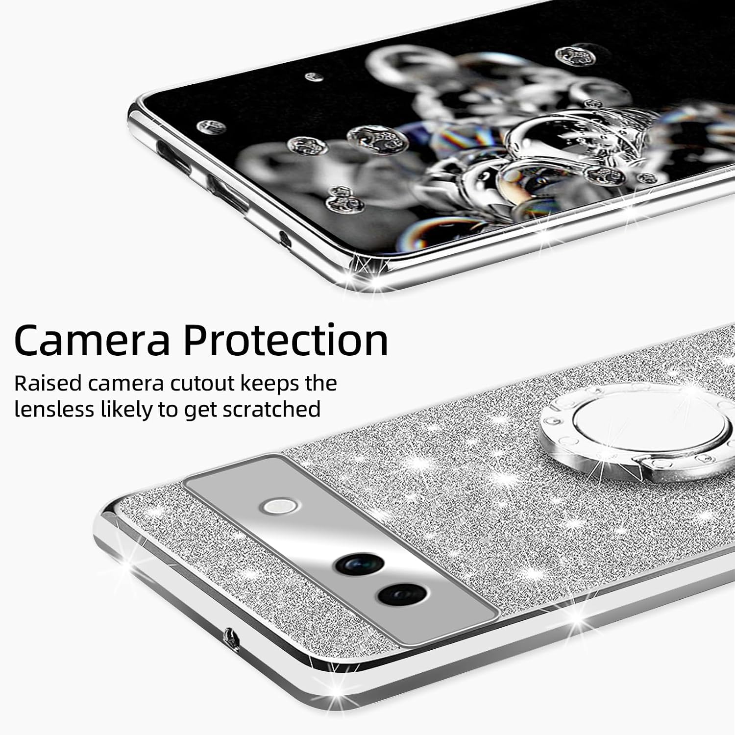 for Google Pixel 7A Phone Case for Women Glitter Crystal Soft Stylish Clear TPU Luxury Cute Protective Cover with Kickstand Strap for Pixel 7A (Glitter Silver) image 3