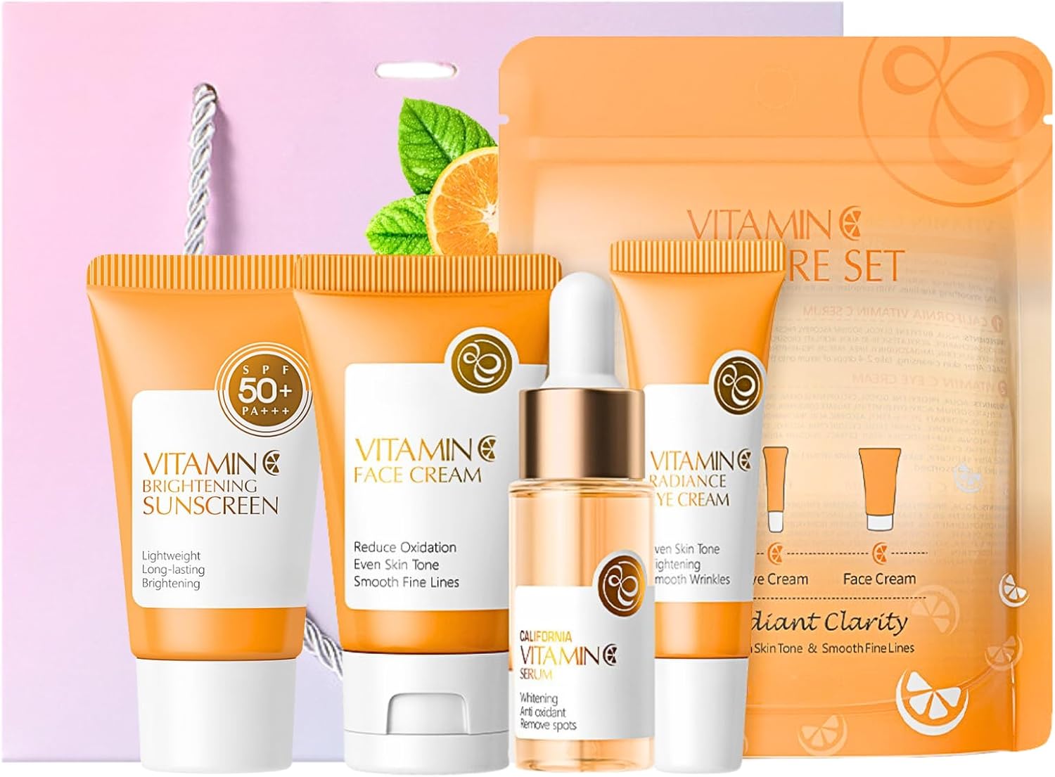 Vitamin C Skin Care Set for Teenage Girls Gifts, Pamper Sets for Women Gifts, Travel Skincare Sets, Facial Kit, Skin Care Sets & Kits – Face Cream,Serum,Cleanser,Sunscreen,Eye Cream, 4PCS
