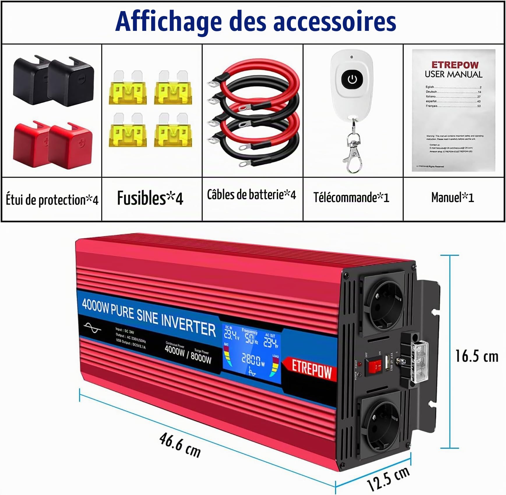 4000W convertisseur 24v 220v Pur Sinus transformateur | 2 Prises EU AC et USB, télécommande sans Fil et écran LCD Onduleur pour Les systèmes Solaire, Voiture, Camping, Voyage