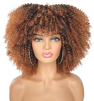 RunM Short Curly Afro Wig With Bangs for Black Women Kinky Curly Hair Wig Afro Synthetic Full Wigs??�Black Ombre Brown??�