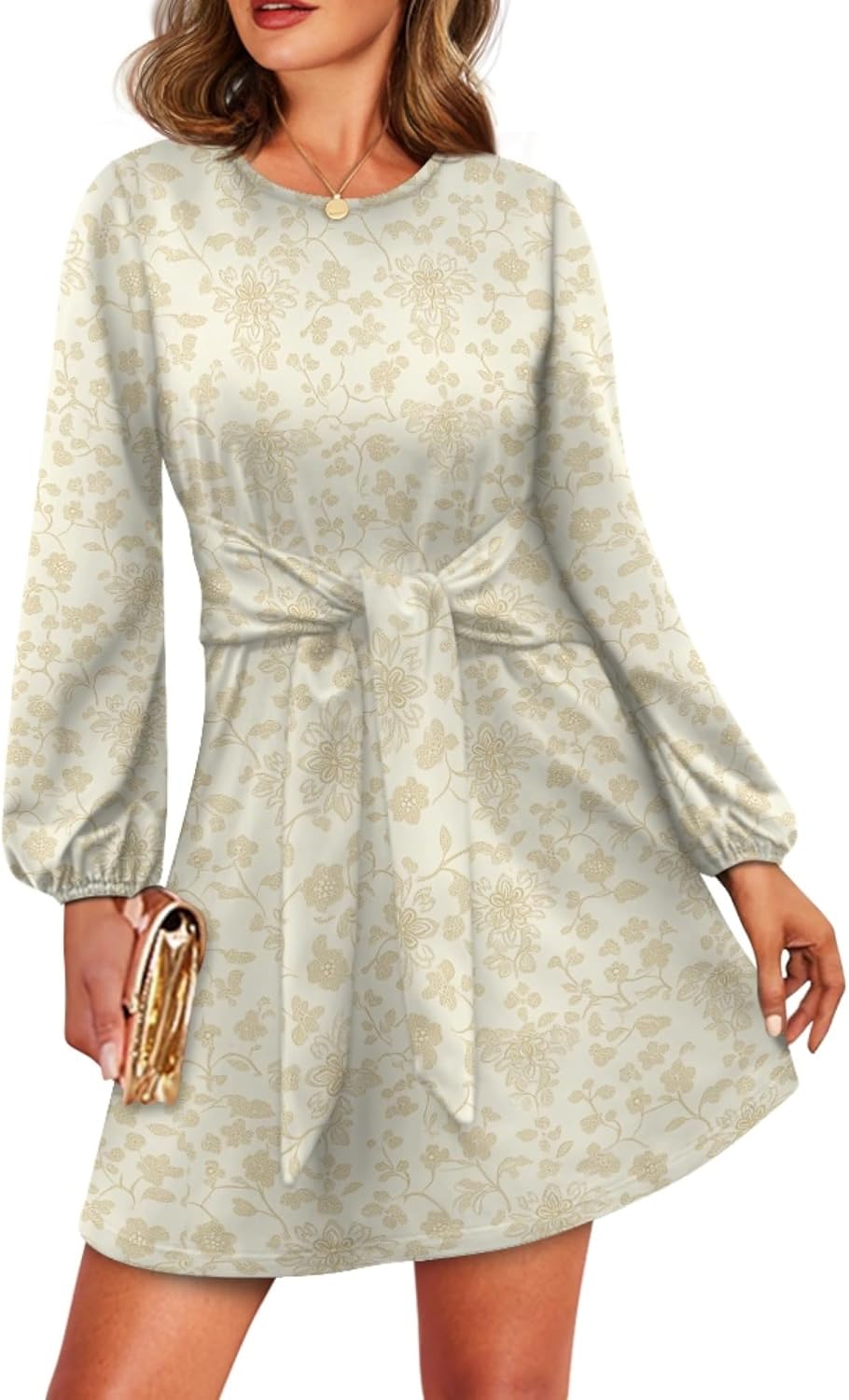 domirica Lantern Long Sleeve Tie Waist Floral Boho Casual Dress A Line 2025 Summer Fashion Swing Flowy Mini Dresses