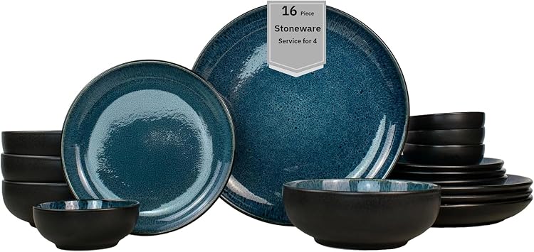 Sango 16-Piece Stoneware Dinnerware Set for 4, Glossy Black/Blue Big Dinner Plates and Bowls Sets with Reactive Glaze, Ceramic Dish Set, Modern Beautiful Dishes, Microwave & Dishwasher Safe, Resona