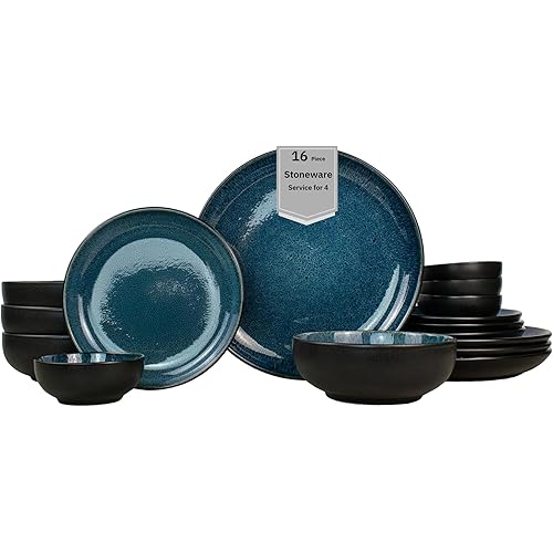 Sango 16-Piece Stoneware Dinnerware Set for 4, Glossy Black & Blue Plates and Bowls Sets with Reactive Glaze, Ceramic Dish Set, Modern Dishes for Everyday Dining, Microwave & Dishwasher Safe, Resona