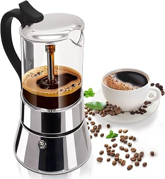 Clear Glass Moka Pot 4 Cup 220ml Stainless Steel Coffee Maker Uncoated Stovetop Espresso Coffeemaker Italian Classic Style Brewing Greca Cafe Mocha Machine for Cafeteras Camping Travel Home