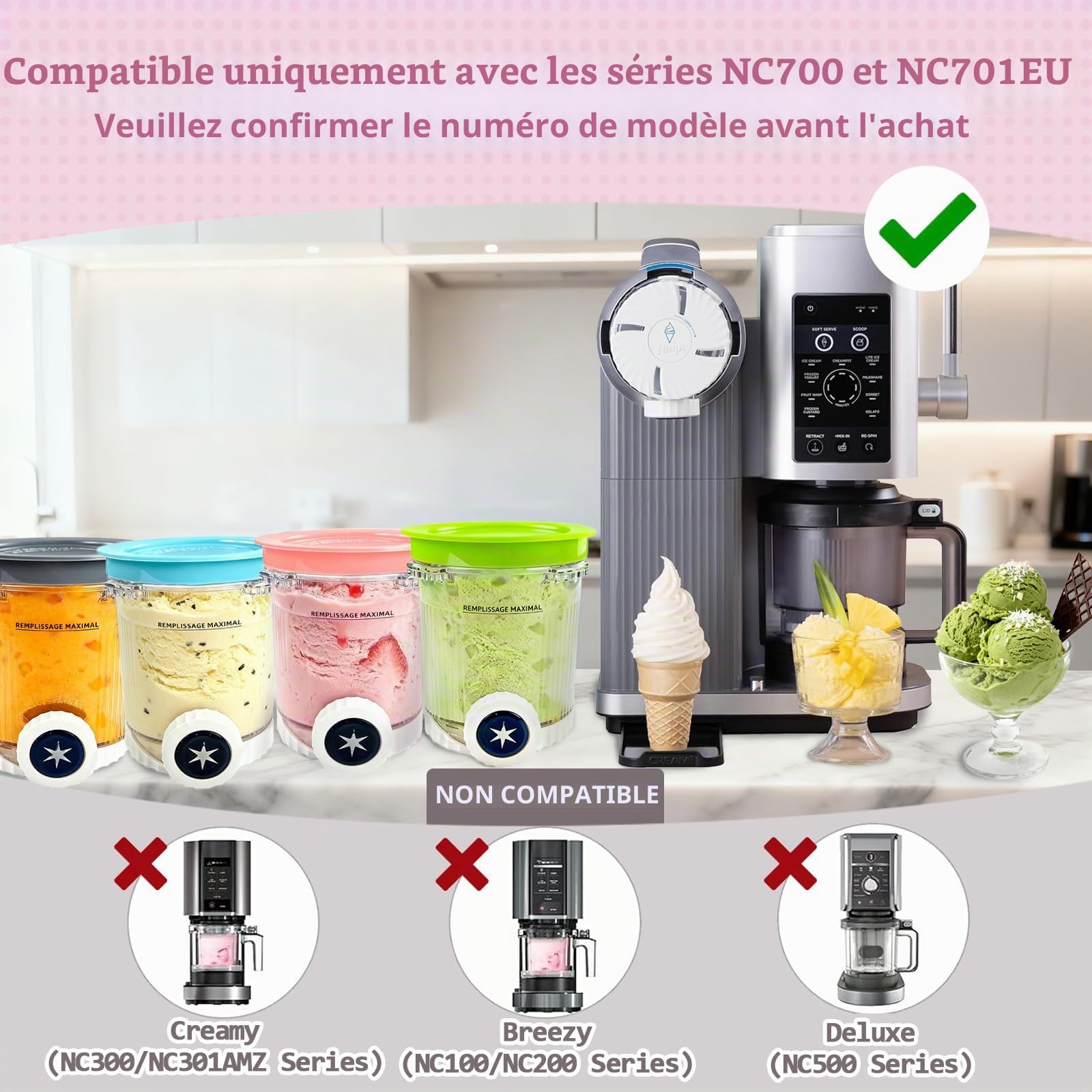 Lot de 4 Récipients Compatibles pour Ninja Creami Swirl, Récipients à Crème Glacée de 480 ml pour Ninja NC700 NC701EU Sans BPA et Compatibles Lave et Vaisselle