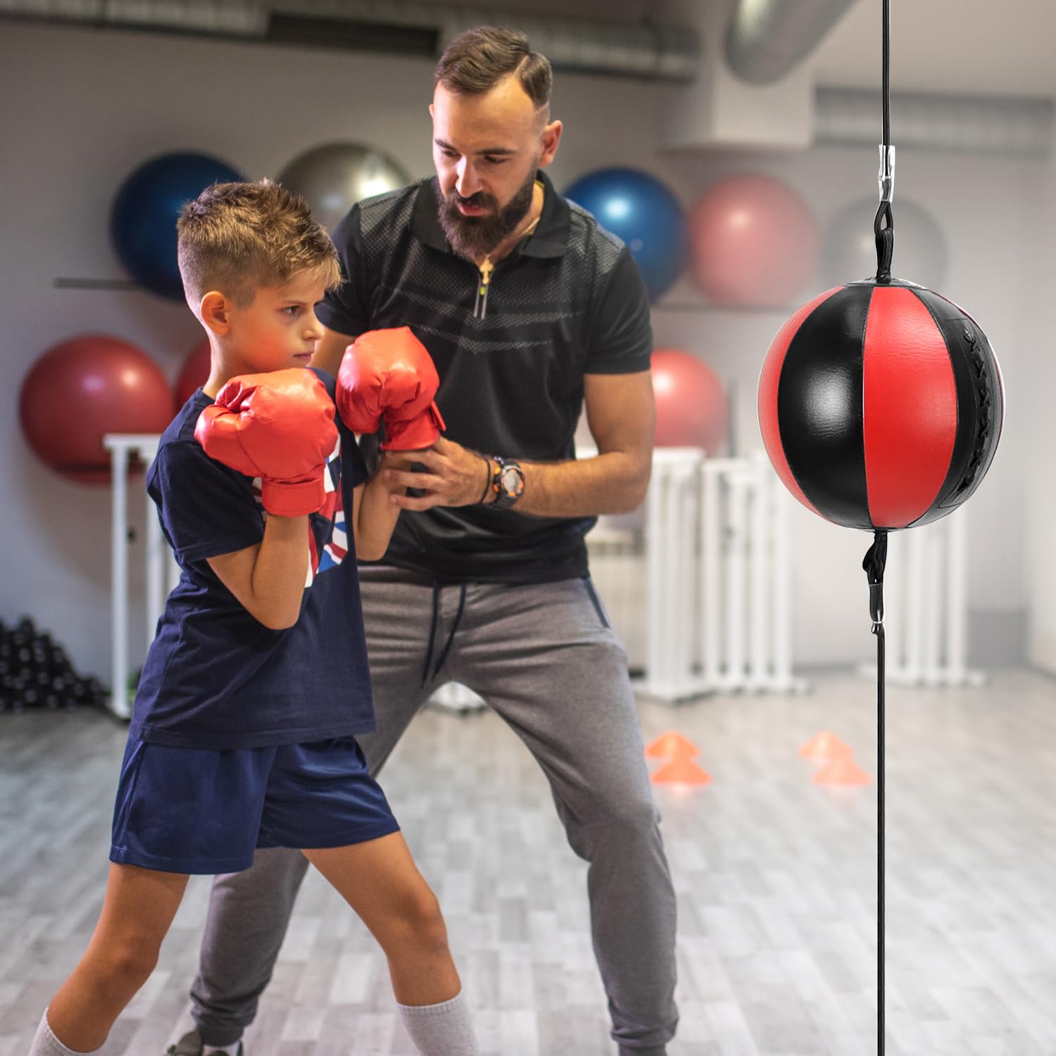 QWORK® Zestaw dwustronnej piłki bokserskiej MMA o średnicy 20 cm - 150 cm - 220 cm - zawiera pompkę i blokadę pierścieniową