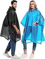 Vista 32 de Paquete de 2 ponchos de lluvia para adultos, reutilizables, impermeables, de supervivencia, emergencia, resistente, con capucha con cordón Azul