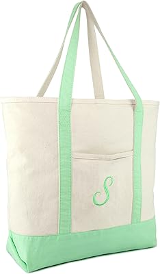 DALIX Personalized Shopping Tote Bag Monogram Mint Green Ballent Zippered Letter- S