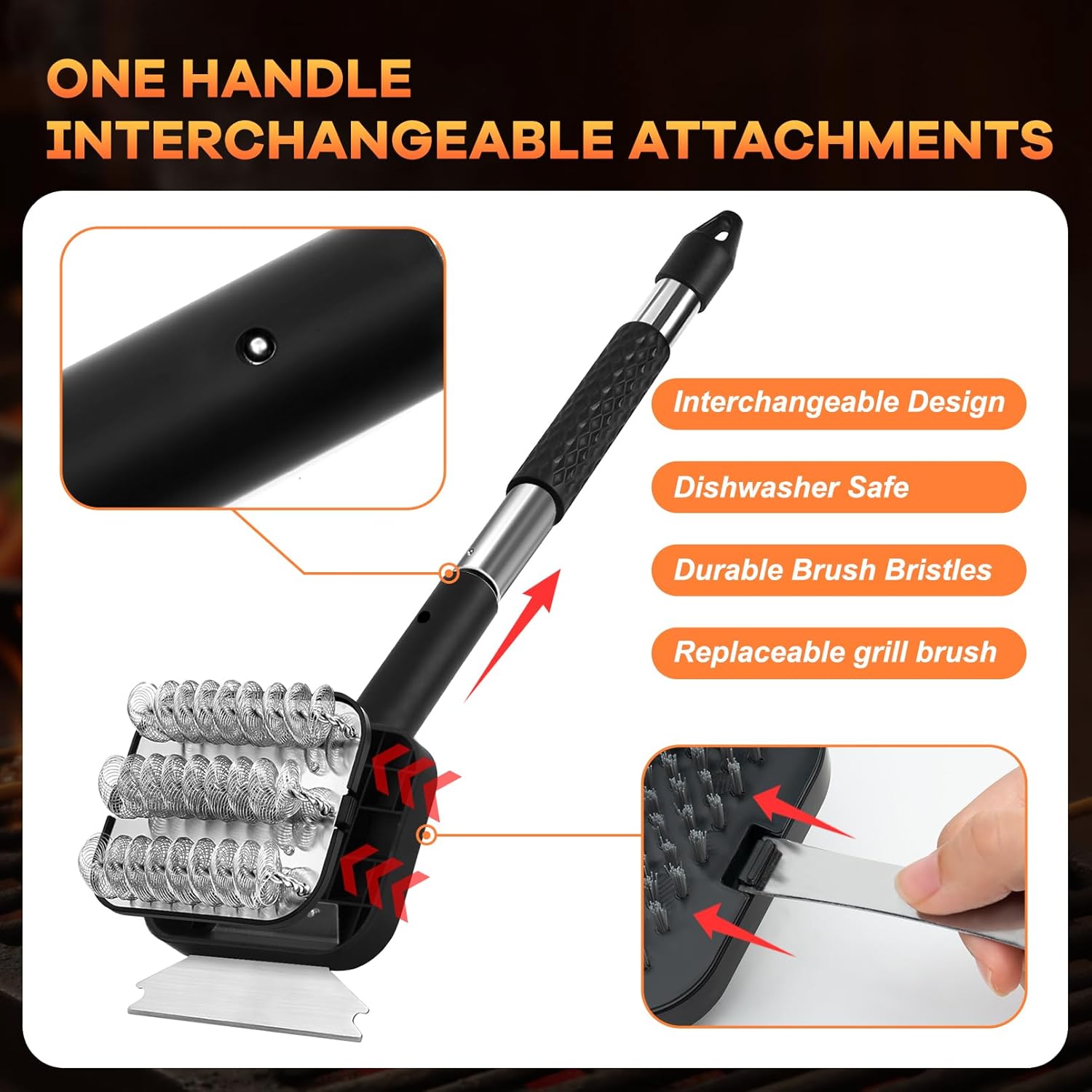 BBQ Grill Brush Set，Safe Grill Cleaning Brush Set and Scraper with Replacement Sponge Heads and Various Cleaning Brushes for Porcelain Charcoal Grill - Image 3