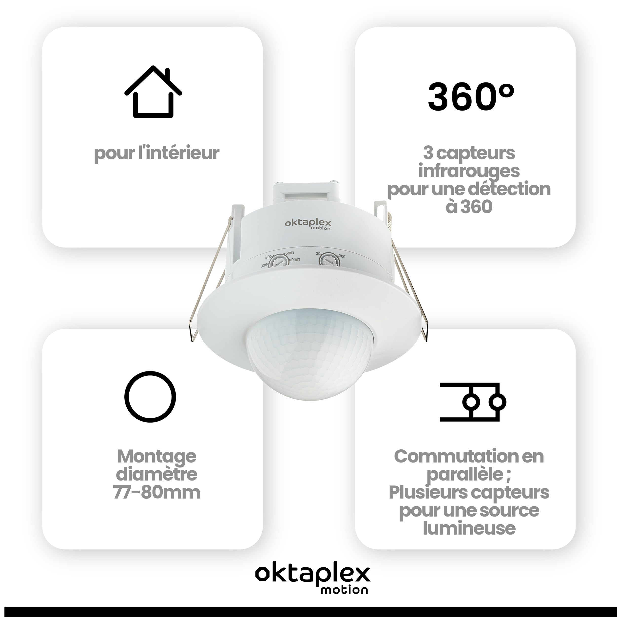 Oktaplex Sam Lot de 2 détecteurs de présence encastrables 360° PIR | Capteurs de mouvement intérieurs blancs 230V pour plafond