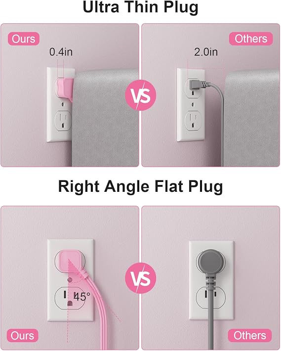 Pink Extension Cord with Surge Protector, 5 FT Flat Plug Power Strip