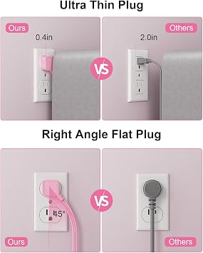 Pink Extension Cord with Surge Protector, 5 FT Flat Plug Power Strip