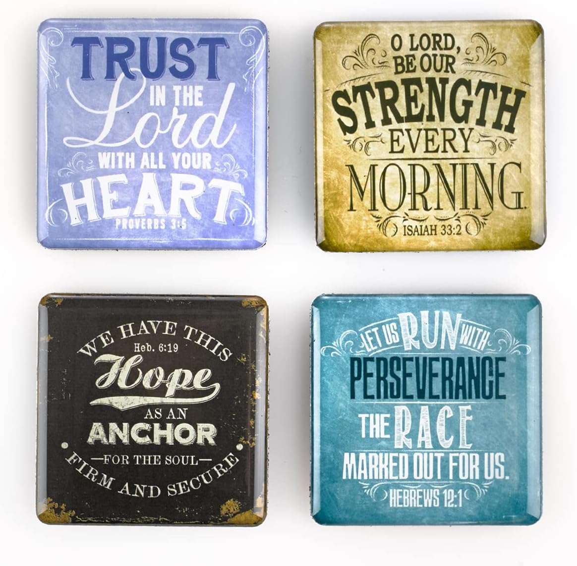 Christian Art Gifts Inspirational Refrigerator Scripture Magnet Set with Bible Verse: Finishing Strong - Inspirational Vintage-Themed Fridge Magnet, Home & Kitchen Decorations, Set of 4, Size 2" x 2"