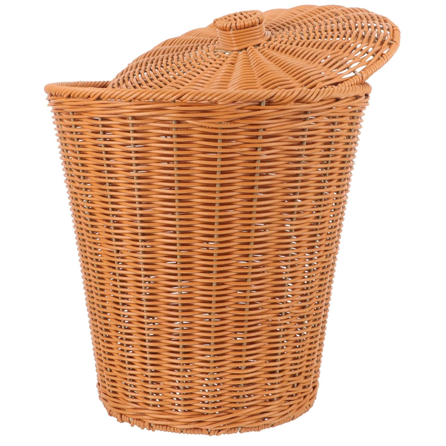 FAVOMOTO Multifunctional Woven Storage Basket with Lid, Imitation Rattan Household Trash Can for Living Room and Bedroom Sundries, Covered Wastebasket for Home Organization