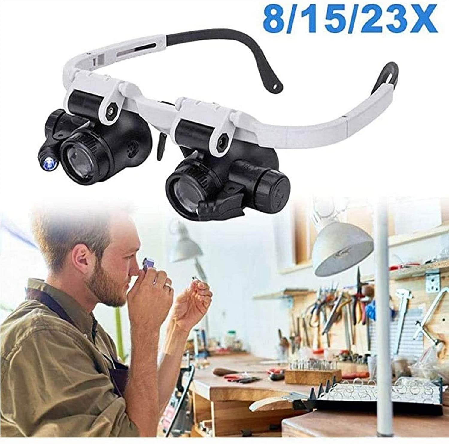 Lupa de Diadema Manos Libres con luz LED, Lupa con 2 Luces LED, Lentes Intercambiables 8X, 15X y 23X, para relojero, joyería, Lente óptica, Lupa de Cristal, Reloj.