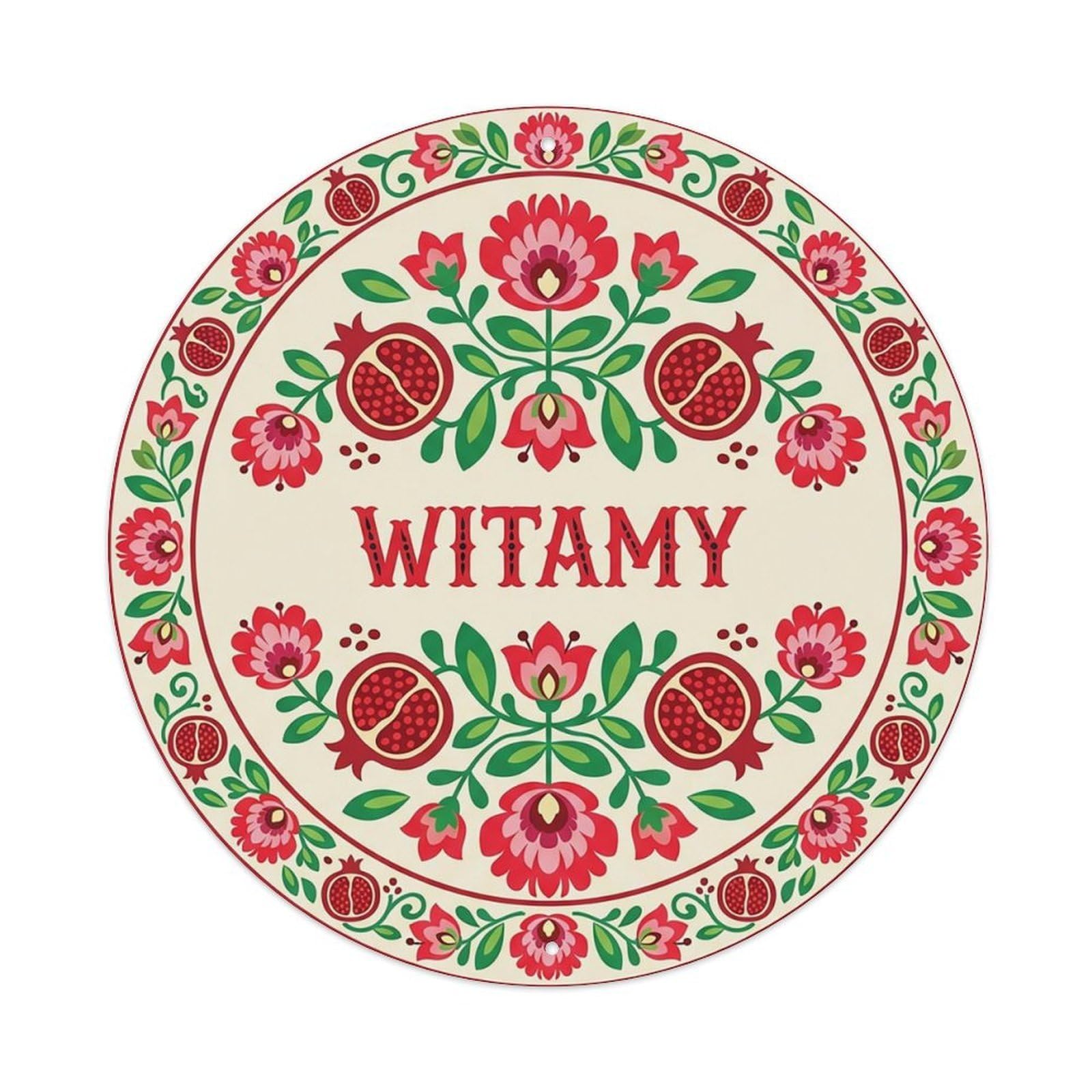 Vintage Polish Folk Art Witamy Welcome Pomegranate Red Metal Tin Sign