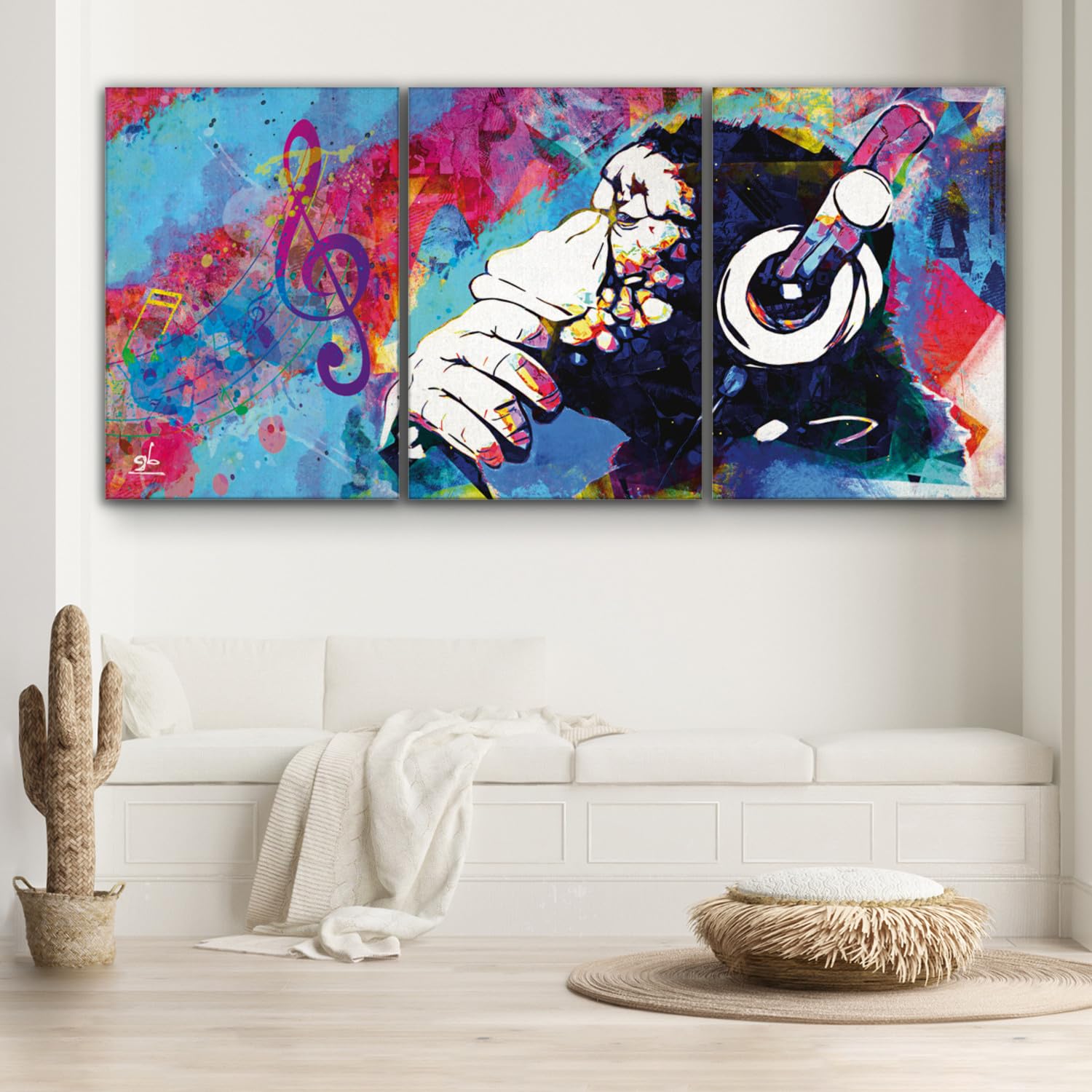 Giallobus - Quadri Grande Formato XXL - Pop Art - Music Monkey - Tela Canvas - 308x140cm | 3pcs. x 100x140cm - Pronto da Appendere - Quadri Moderni per la casa