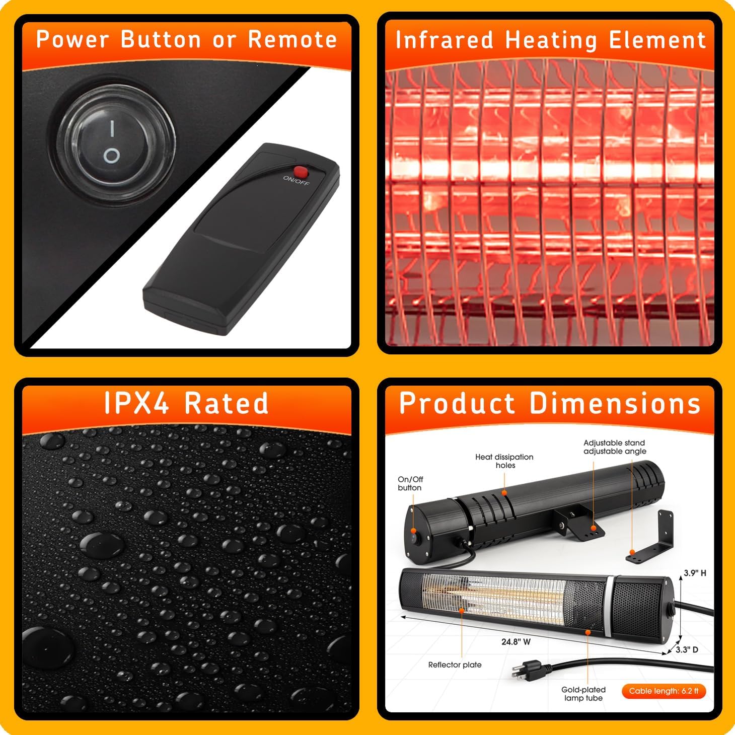 1500-Watt Wall Mounted Electric Infrared Patio Heater, Adjustable power 500/100/1500 Watts, Outdoor Use, Remote Control, IPX4