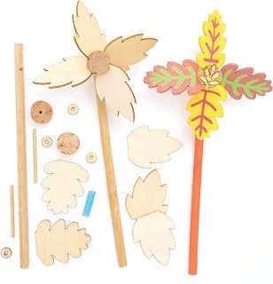 Baker Ross FE648 Autumn Wooden Windmill Kits - Pack of 4, Windmills for Garden, Make Your Own Wind Spinner, Wooden Crafts for Children to Make, Decorate and Display