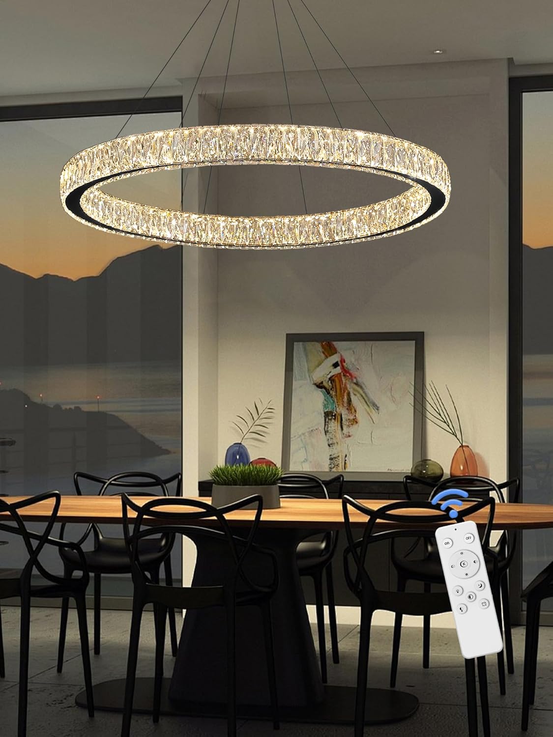 39.4in Large Ring Chandelier for Living Room Modern LED Black Crystal Chandelier for Dining Room Dimmable 2700K-6000K