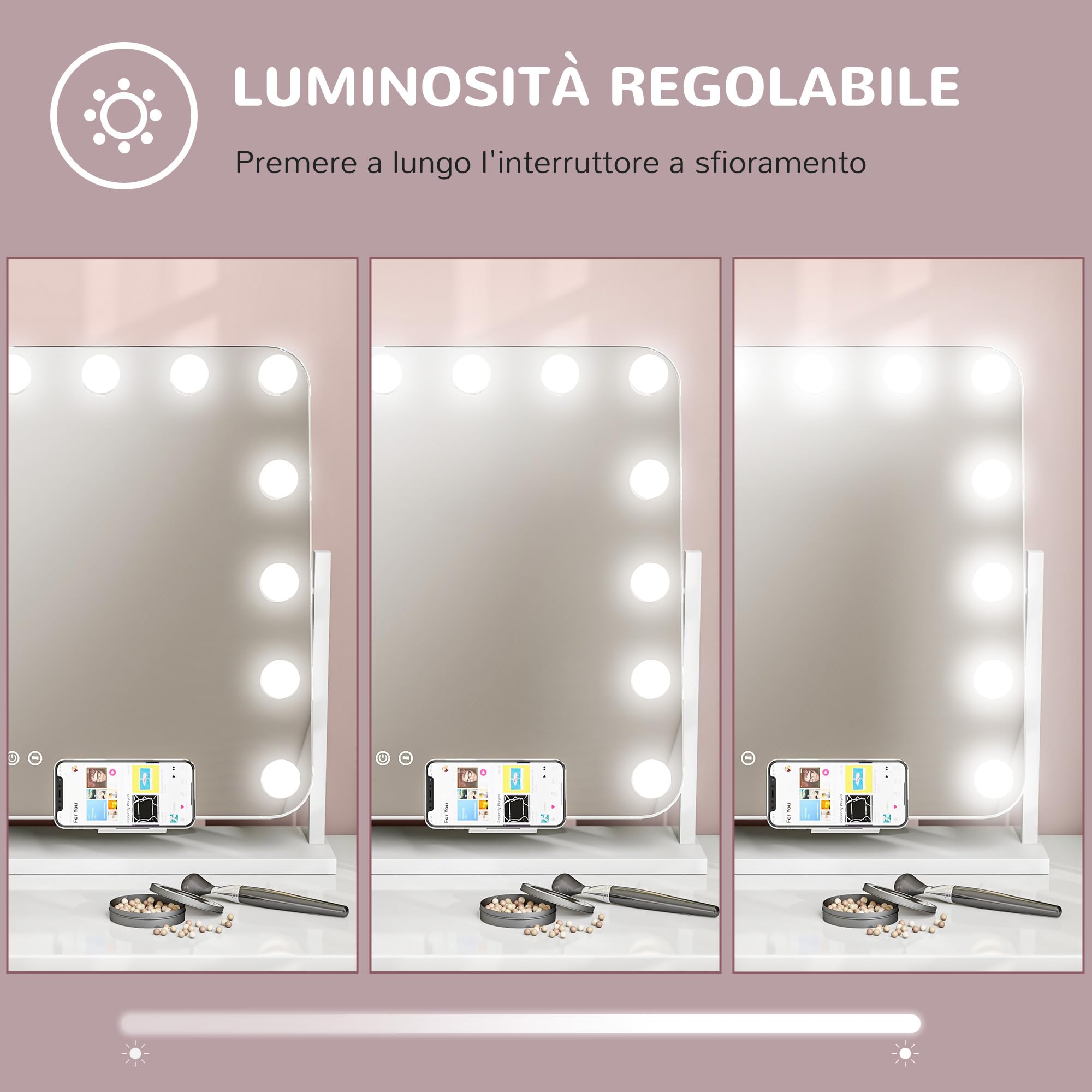HOMCOM Specchio Trucco con Luci 15 LED 58x46cm Luminosità Regolabile | Ricarica USB, Hollywood 3 Colori Luce, Schermo Touch, Supporto Telefono, Ingrandimento 10X, Rotazione a 360°