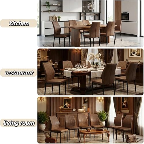 Miniatura 8 de Modern Dining Chairs Set of 6, Brown Faux Leather Dining Room Chairs with High Back, Upholstered Kitchen Chair with Black Metal Legs & Adjustable