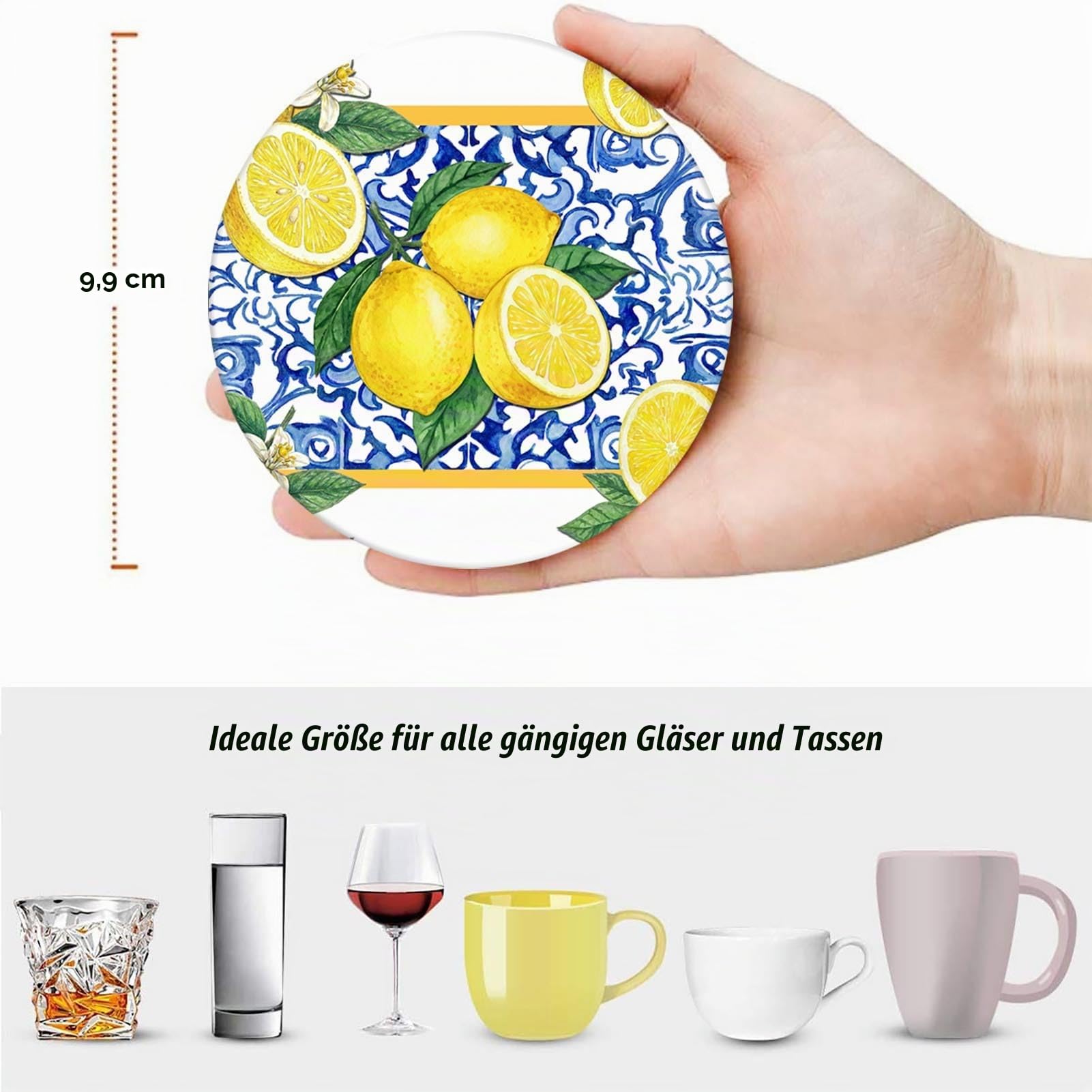 Untersetzer für Getränke, 6 Stück, gelbe Zitrone, Obst, Blau, Keramik-Muster, saugfähig, rund, Keramik-Steinmatte, mit Korkboden und Metallhalter, Geschenk für Einweihungszimmer, Bar, Dekor