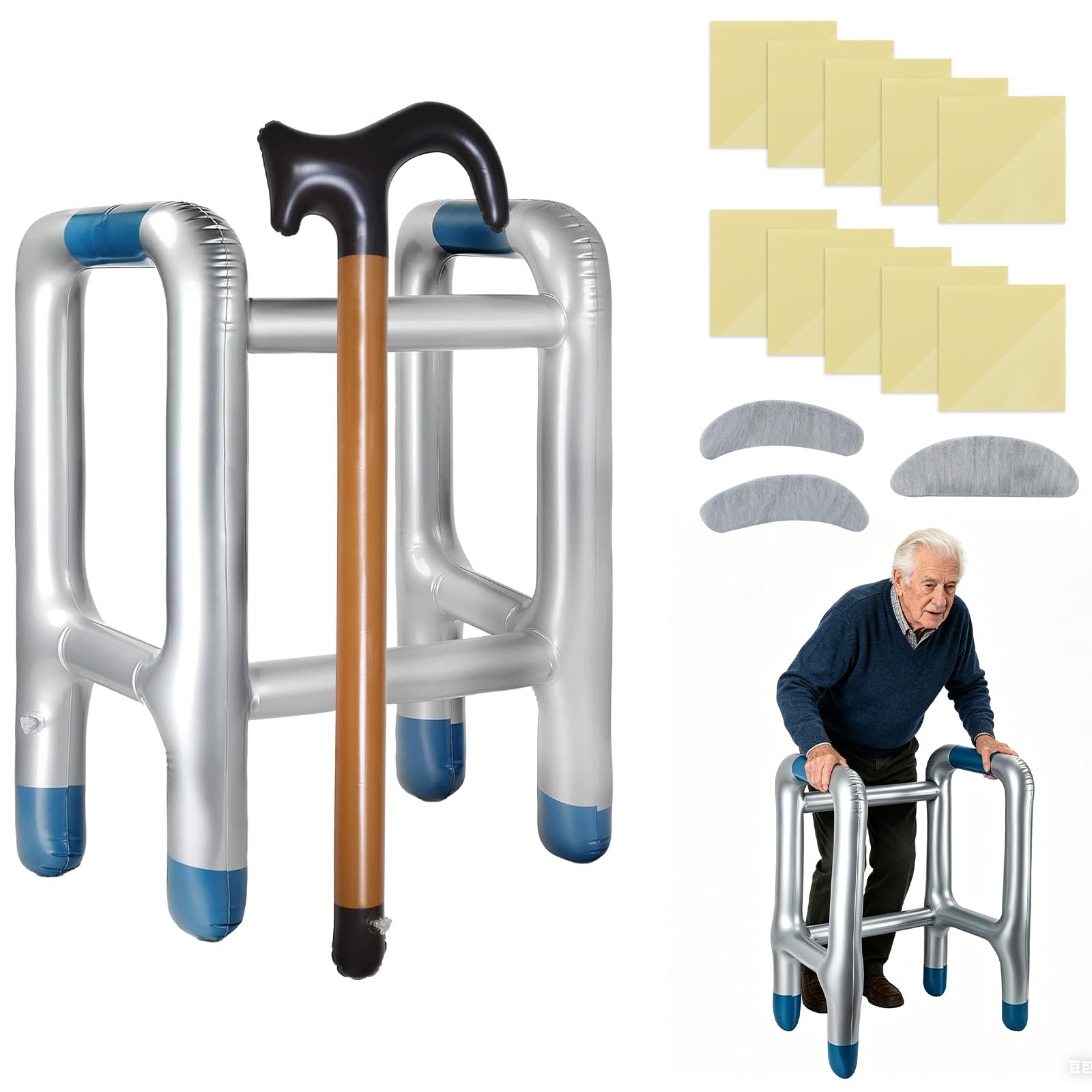 BORISCA 3-Piece Blow Up Walking Frame and Cane beard, Reusable Inflatable Zimmer Frame Adult Joke with 10 Repair Stickers, 40th 50th 60th Birthday Gift Retirement Party Novelty Gag Joke Dress Up
