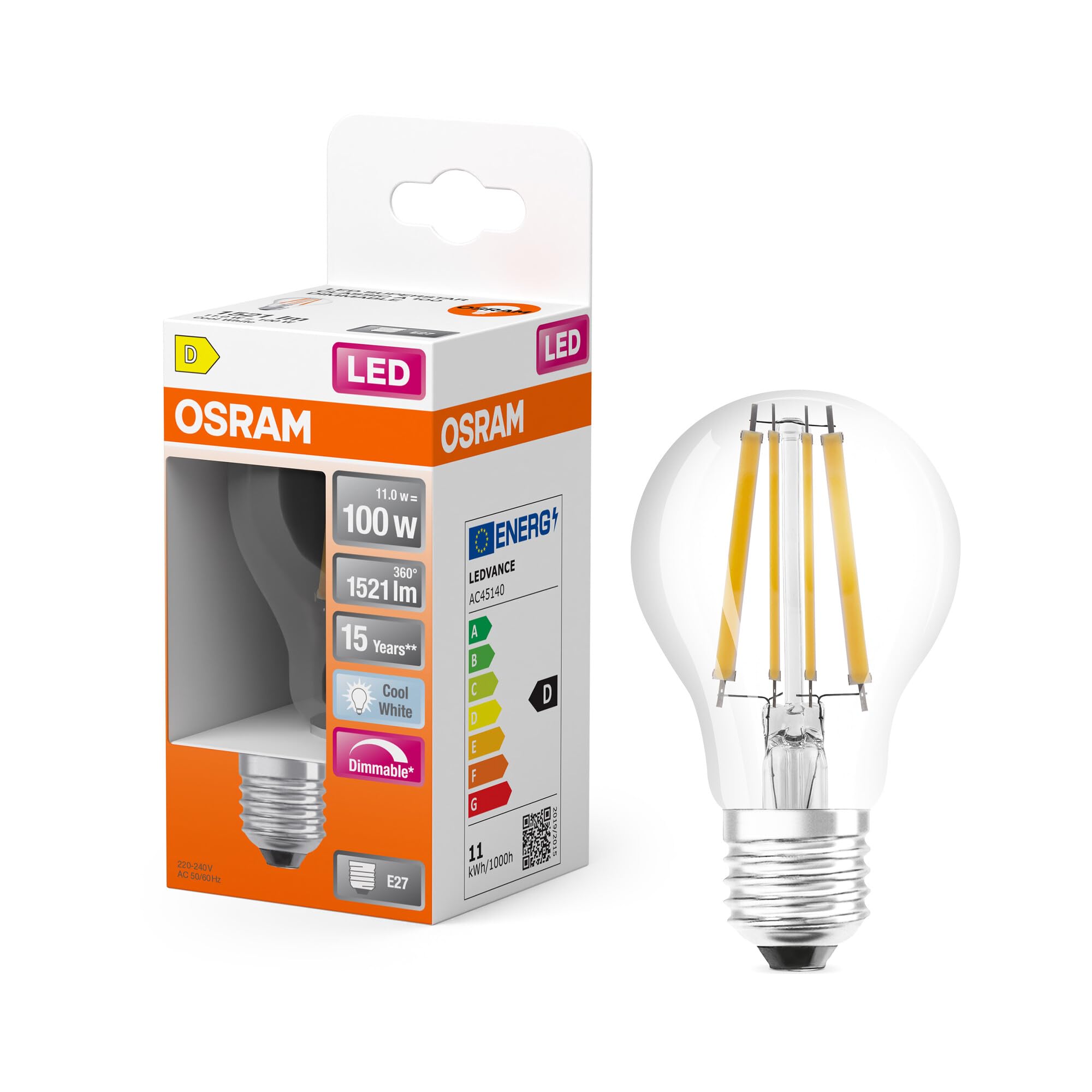 OSRAM Ampoule LED - Culot: E 27, Blanc froid, 4000 K12 W, équivalent à 100 W, LED Retrofit CLASSIC A DIM 1 Unité