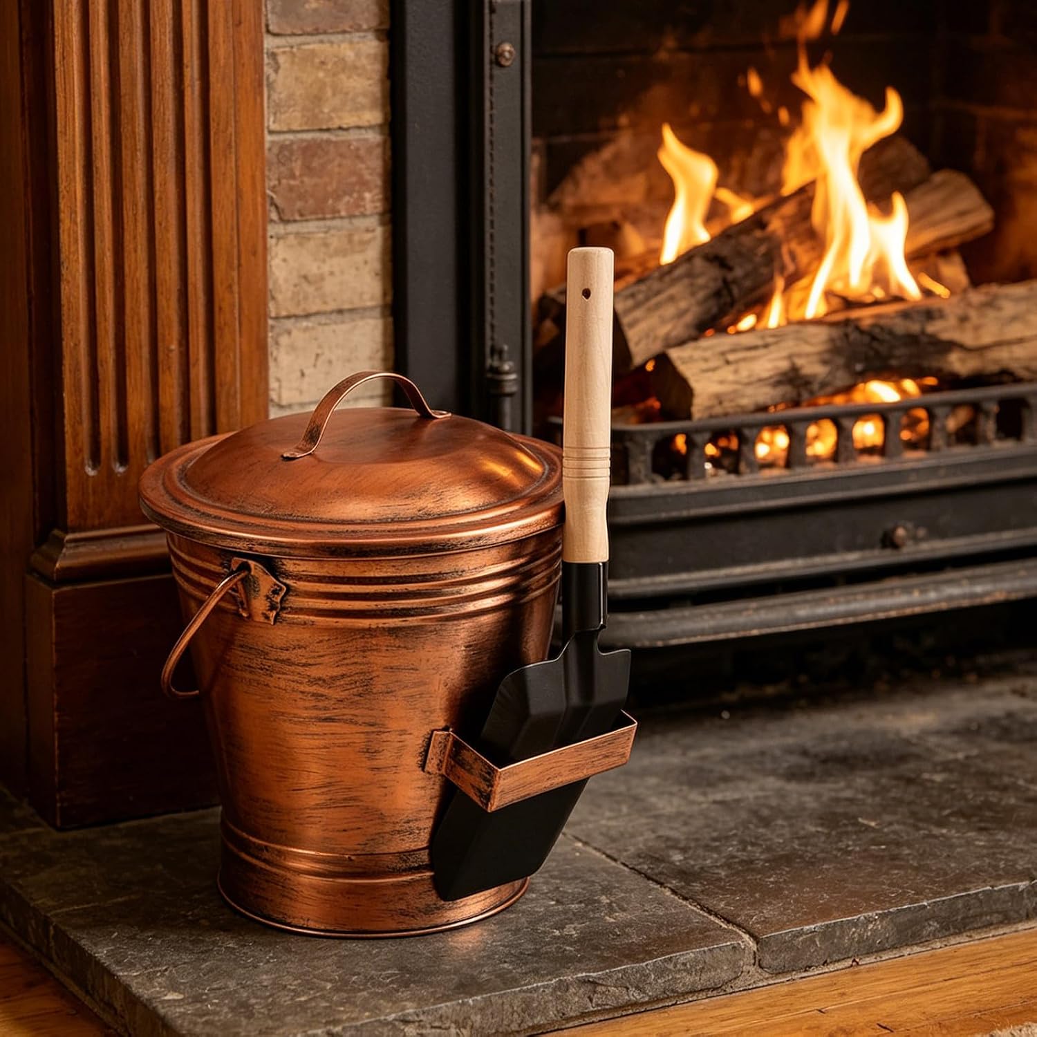 Ash Bucket Set with Lid and Shovel Iron Fireplace 3 Gallon | Black Finish, Wood Handle, Seamless Cleanup, Sturdy Build, Decorative Vintage Look for Hearth Care