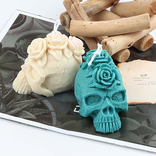 Miniatura 4 de Grainrain Molde de vela de silicona 3D con diseño de cráneo y rosa, molde de vela pilar decorado, moldes de silicona hechos a mano para hacer velas