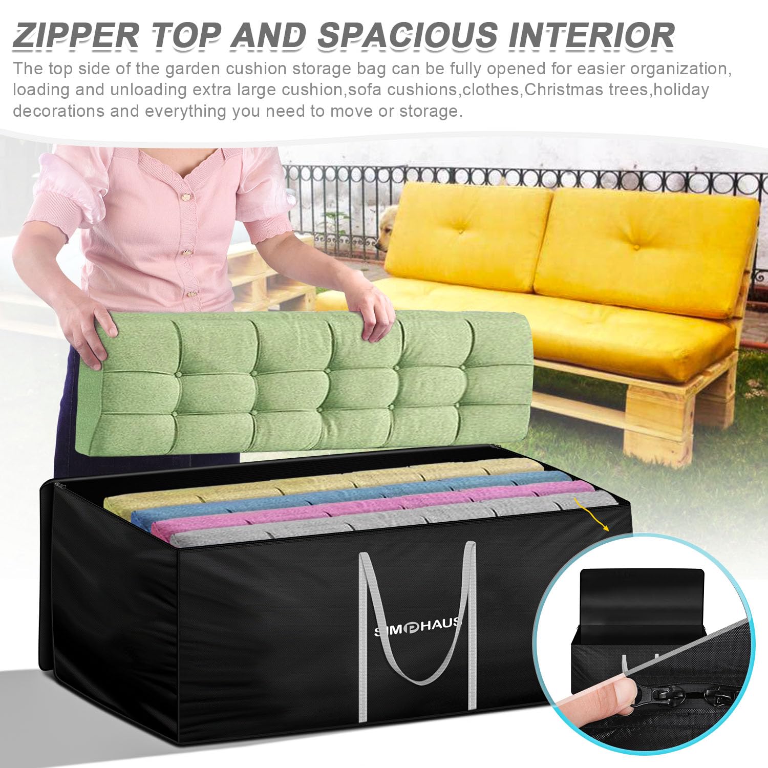 Borsa Porta Cuscini Da Esterno SIMPHAUS 150x60x80cm - Impermeabile Per Giardino