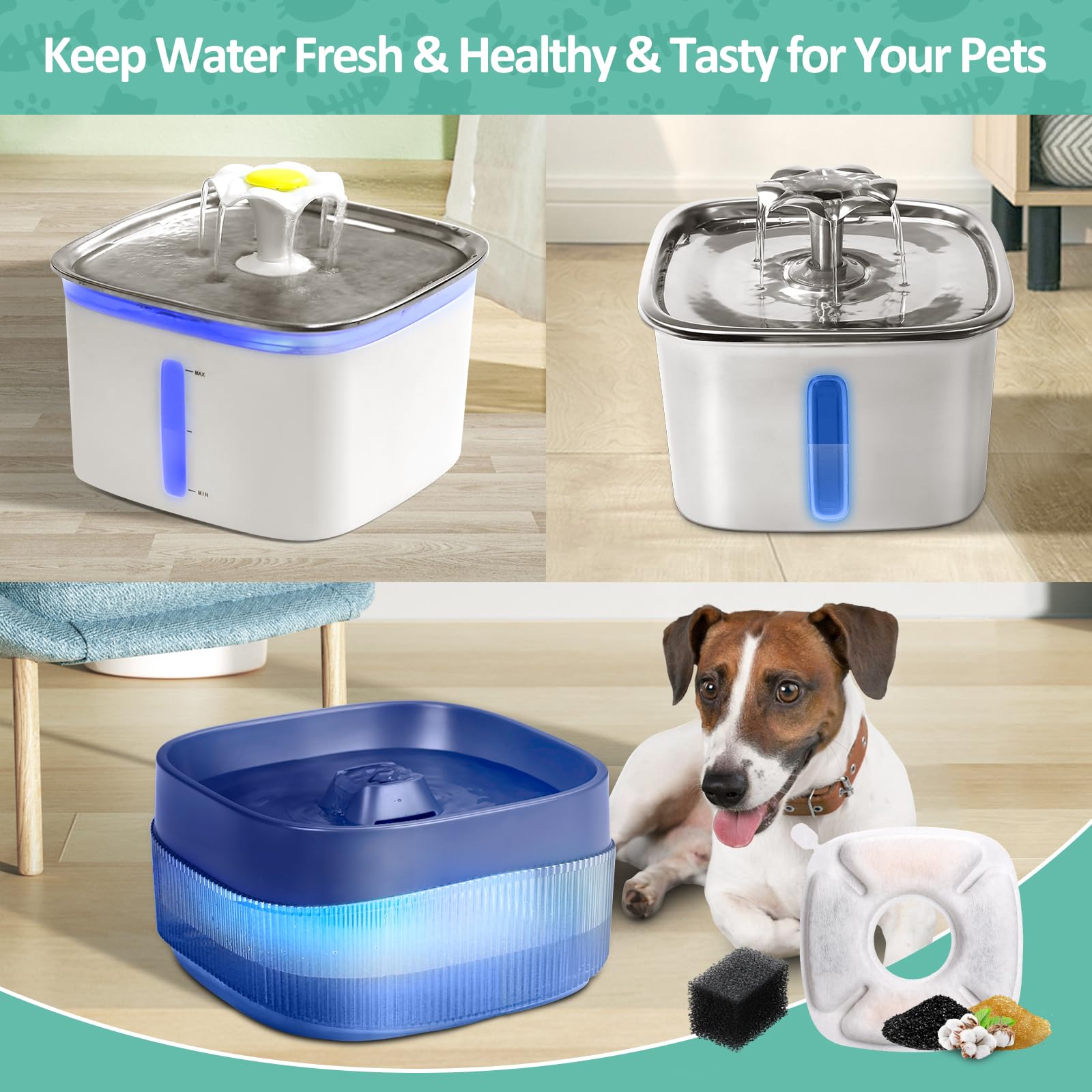 Paquete de 4 filtros de fuente de agua para gatos, compatibles con veken de 2,8 L, fuente automática para mascotas, filtros de repuesto con 4 esponjas de prefiltro para dispensador de agua