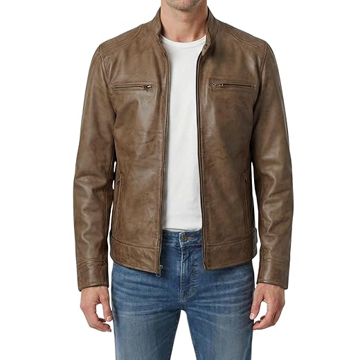 Jaqueta de couro marrom e preta para homens - 100% couro de cordeiro estilo motocicleta Cafe Racer jaquetas de motociclista