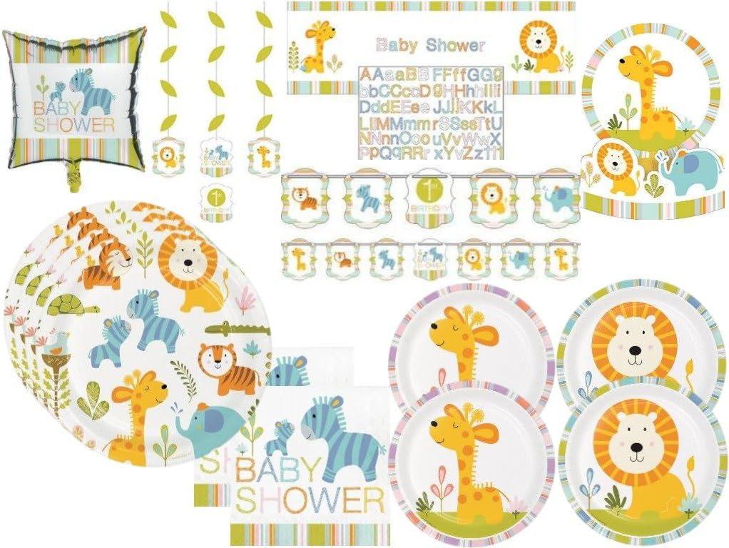 Baby Shower Happi Jungle Safari Lion, Giraffe, Turtle, Elephants Deluxe Party Tableware & Decorations Kit for 32 Guests