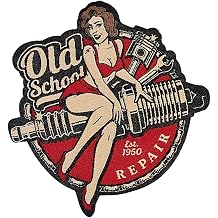 Old School Repair Shop Vintage Pin Up Woven Patch - Iron on or Sew on 4" x 3.75" C986