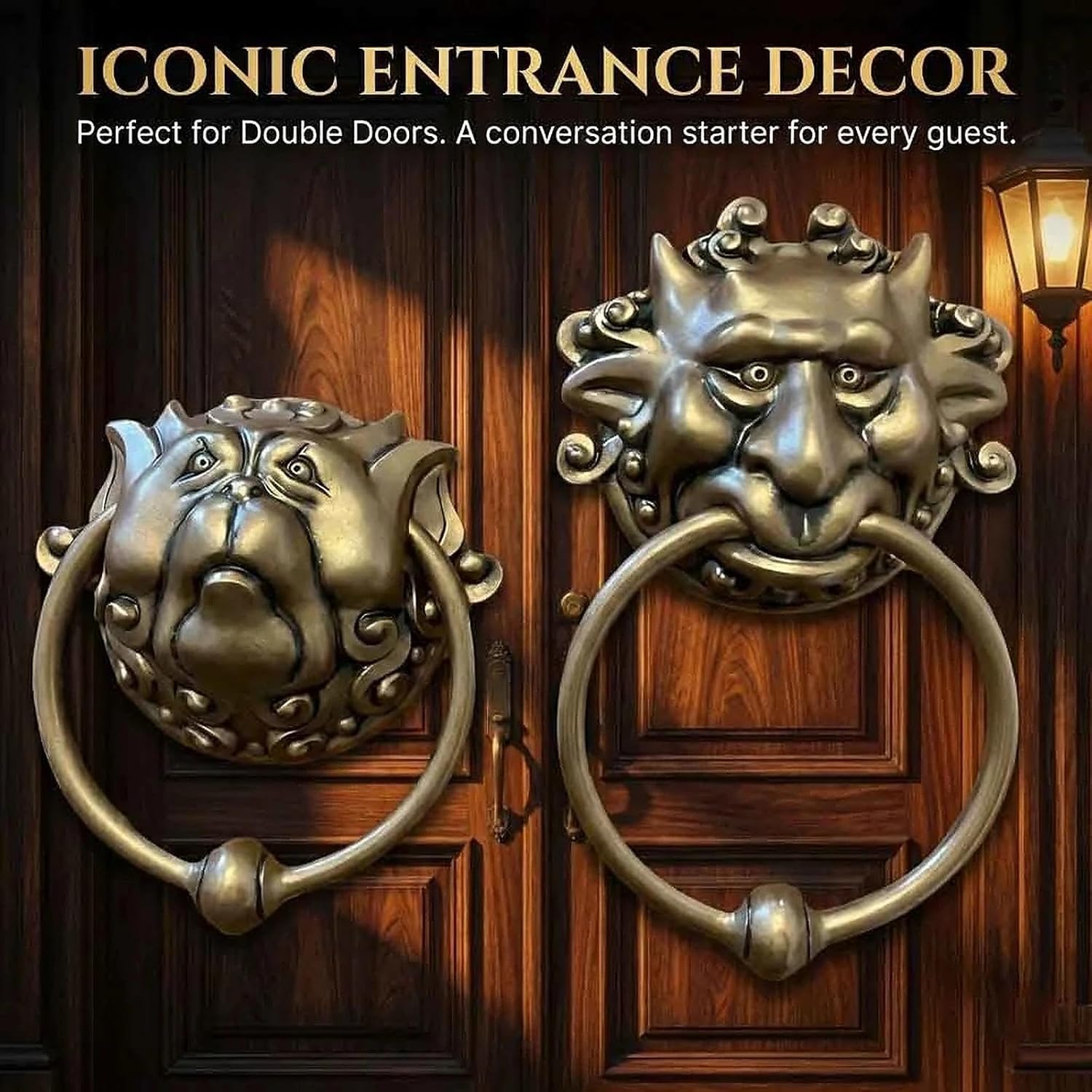 Labyrinth Door Knockers (Set of 2) – Antique Bronze Effect Front Door Knocker for Gothic Home Decor & Wall Hanging Art – 3D Handmade Gargoyle Face Design – Durable Resin