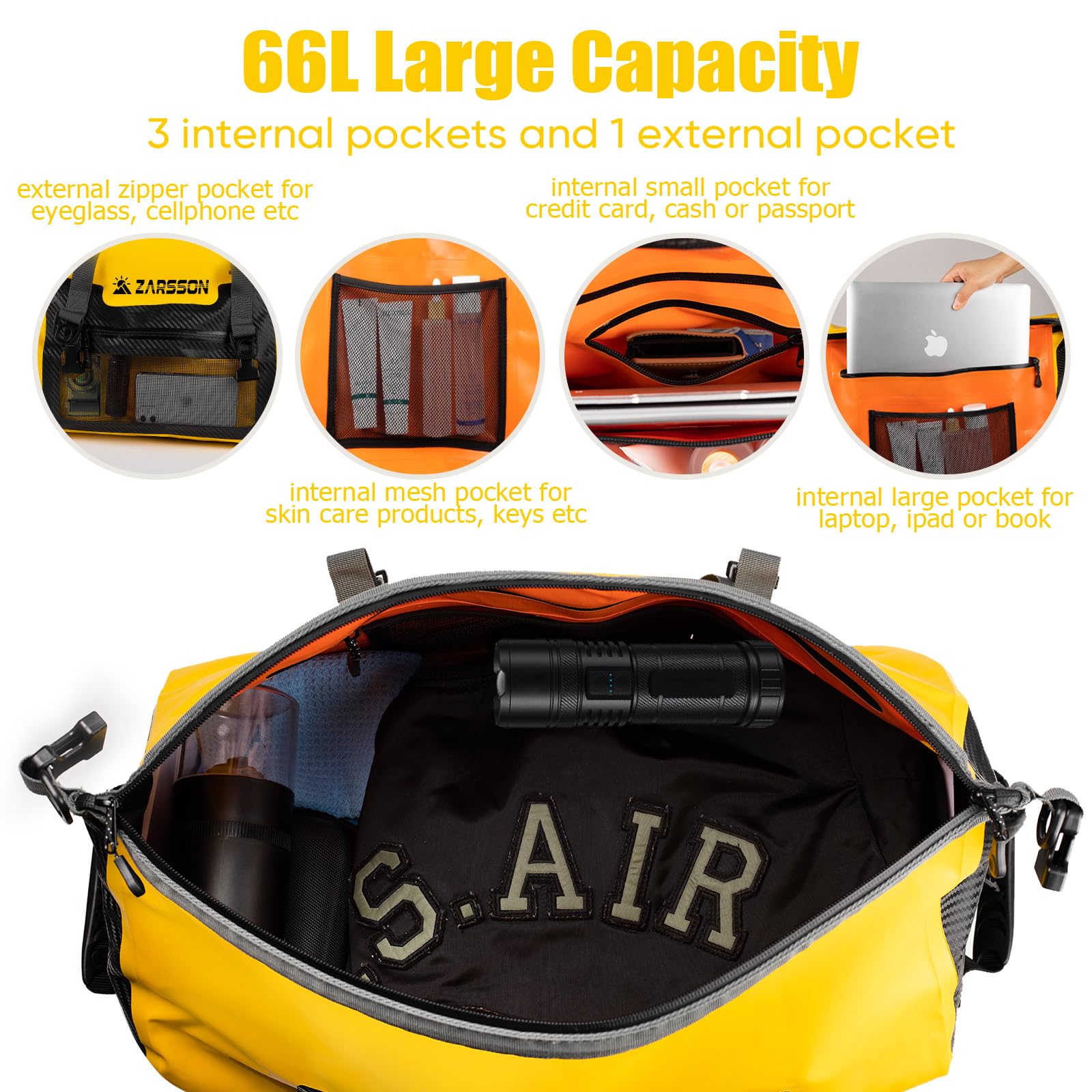 Wasserdichte Reisetasche mit Roll-Top, Reise-Wochenendtasche, 40 l/66 l, strapazierfähig, hält Ausrüstung trocken, mit Reißverschluss innen/Außentaschen und MOLLE-Schlaufen, strapazierfähige Gurte und