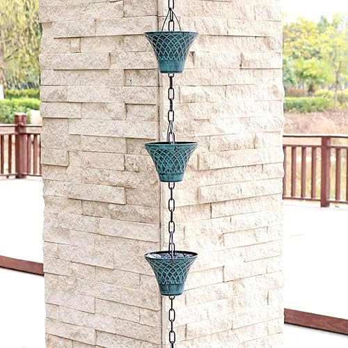 Miniatura 6 de Cadenas de lluvia para canaletas, desviador de atrapador de lluvia de metal, color negro, tazas de lluvia para aleros de drenaje de 8.5 pies
