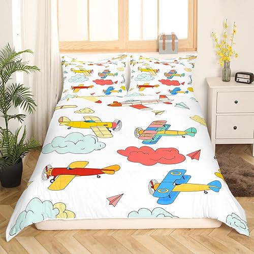 Erosebridal Funda de edredón de avión de dibujos animados, tamaño matrimonial, juego de ropa de cama de aviones para niños, lindo amarillo, verde