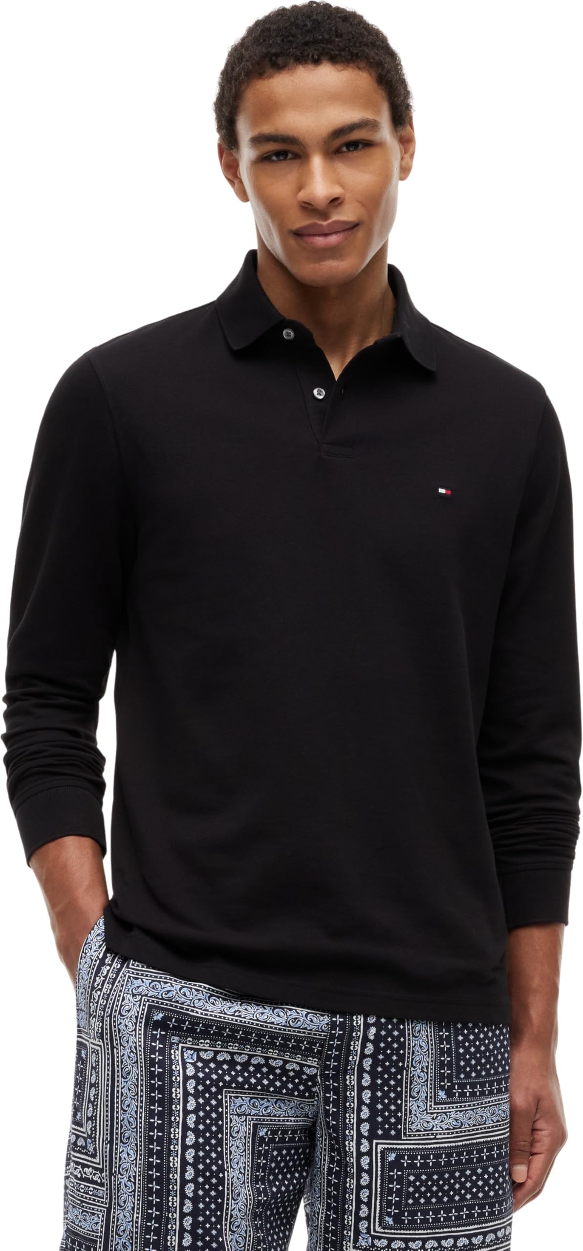 Tommy Hilfiger Men’s Regular Fit Long Sleeve Polo Shirt with Button Placket, Black (Black), XL