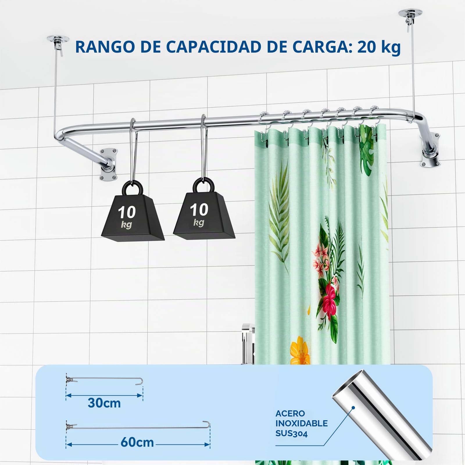 Barra de cortina de ducha en forma de U/L, [80-90] × [160-180] × [80-90]cm | Barra de ducha esquina de acero inoxidable SUS304, barra de ducha ajustable con soporte de techo, incluye 22 anillos