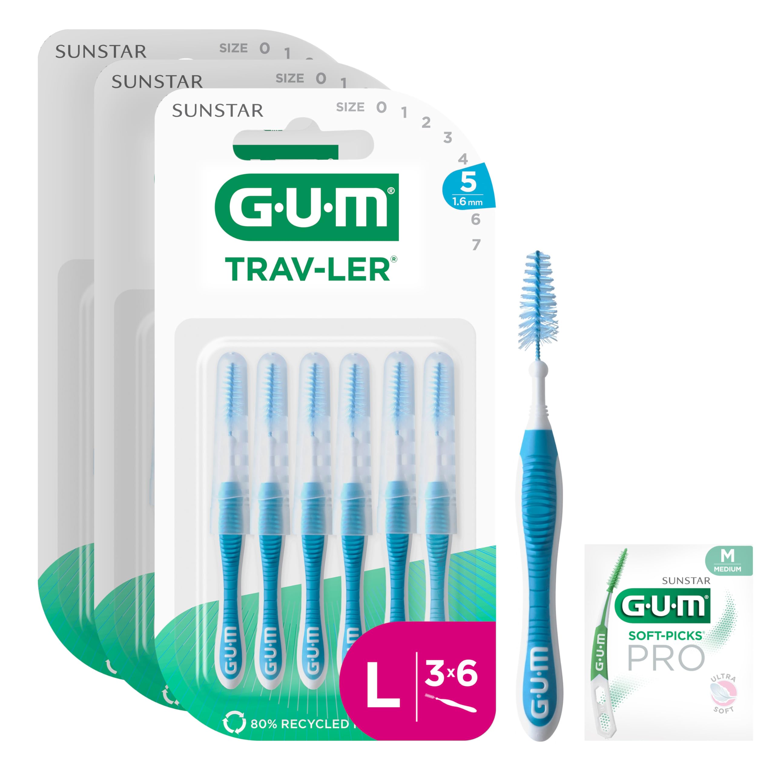 GUM TRAV-LER brossettes interdentaires | nettoyage en profondeur entre les dents | manche pliable | élimination de la plaque dentaire | 1.6mm, ISO 5 | Taille L | Lot de 3x6 (+ 1 échantillon gratuit)