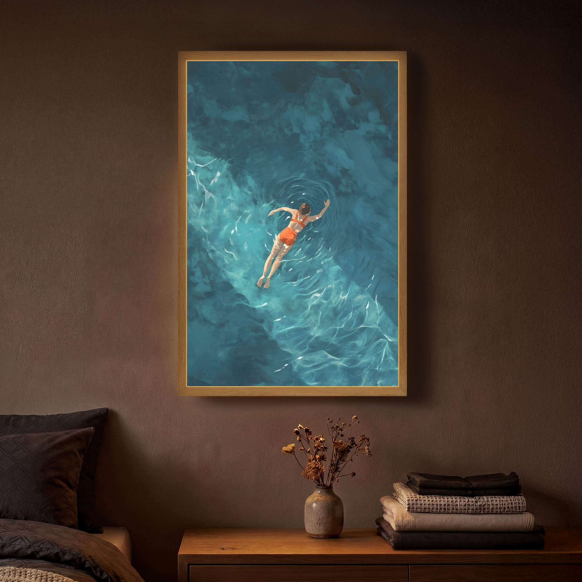 Moderne LED Wandleuchte Innen 40x60 cm Aufladbar Wandbeleuchtung Schlafzimmer Nachtlampe Flach Fernbedienung Warmes Still Licht Dimmbare Lampe Frau - Wasser - Bikini - Orange